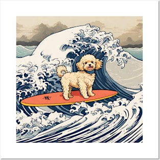 Funny Mini Goldendoodle Dog Mom in the Great Wave Surfing Posters and Art